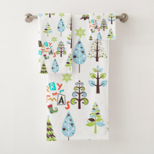 Merry Christmas Typography & Christmas Trees Bath Towel Set