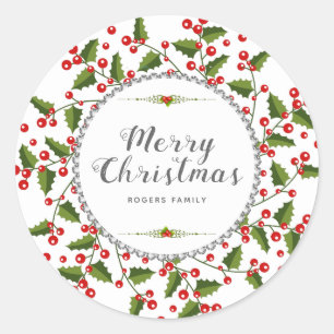 Merry Christmas Typography & Christmas Wreath Classic Round Sticker