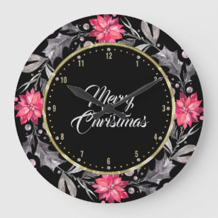 Merry Christmas Typography & Christmas Wreath Large Clock