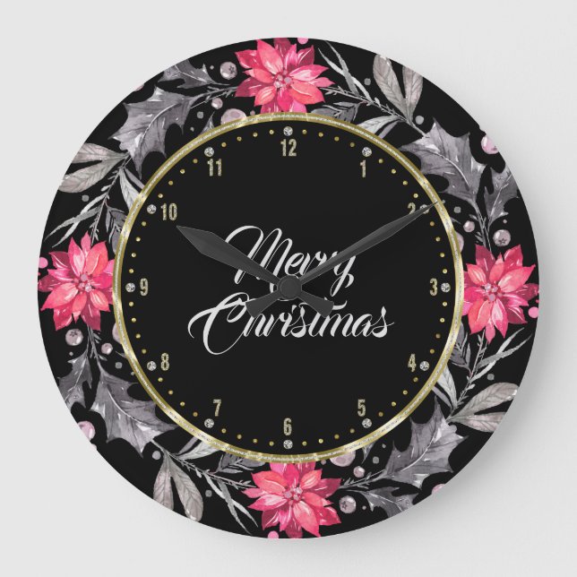 Merry Christmas Typography & Christmas Wreath Large Clock (Front)