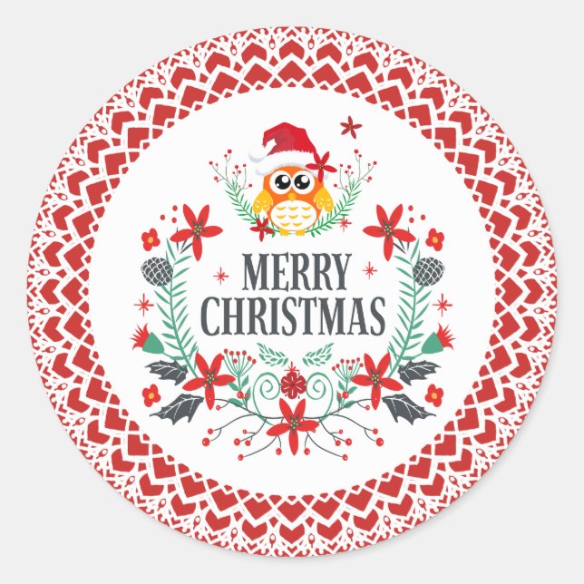 Merry Christmas Typography & Christmas Wreath Owl Classic Round Sticker (Front)