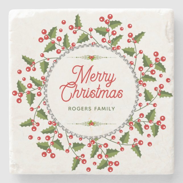 Merry Christmas Typography & Christmas Wreath Stone Coaster (Front)