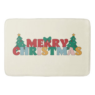 Merry Christmas Typography Decorated Pine Tree Bath Mat