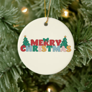 Merry Christmas Typography Decorated Pine Tree Ceramic Ornament
