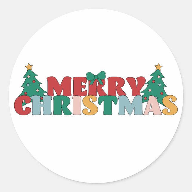 Merry Christmas Typography Decorated Pine Tree Classic Round Sticker (Front)
