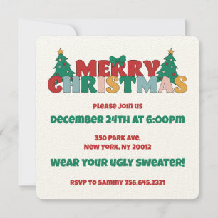 Merry Christmas Typography Decorated Pine Tree Invitation