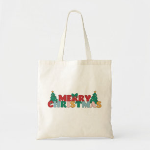 Merry Christmas Typography Decorated Pine Tree Tote Bag