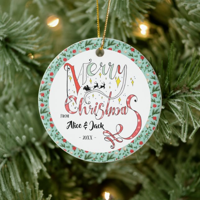 Merry Christmas Typography Editable text Christmas Ceramic Ornament (Tree)