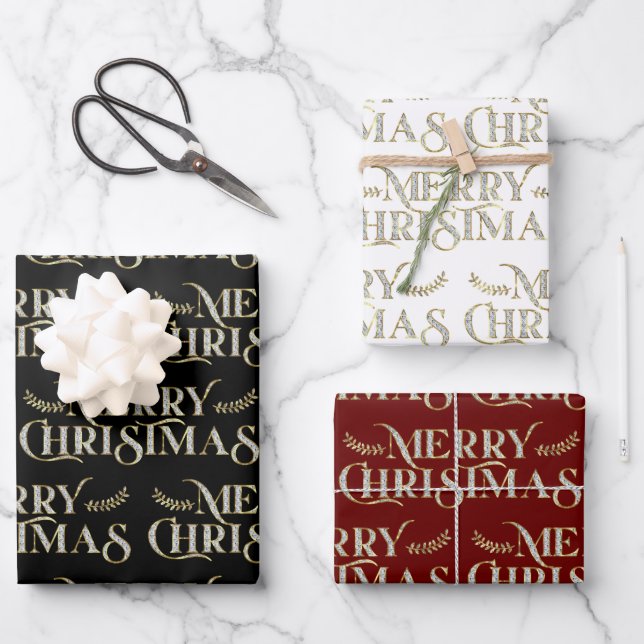 Merry Christmas typography faux glitter texture Wrapping Paper Sheet (Front)
