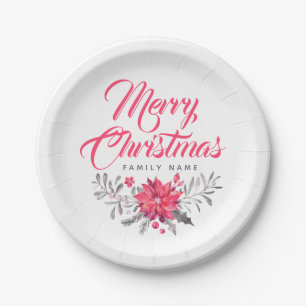 Merry Christmas Typography& Floral Bouquet Paper Plate