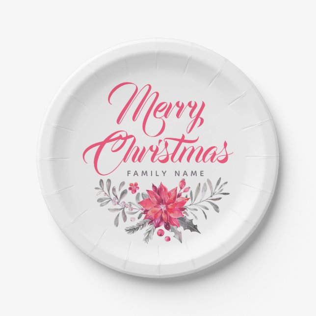 Merry Christmas Typography& Floral Bouquet Paper Plate (Front)