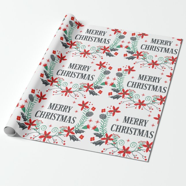 Merry Christmas Typography Floral Bouquet Wrapping Paper (Unrolled)
