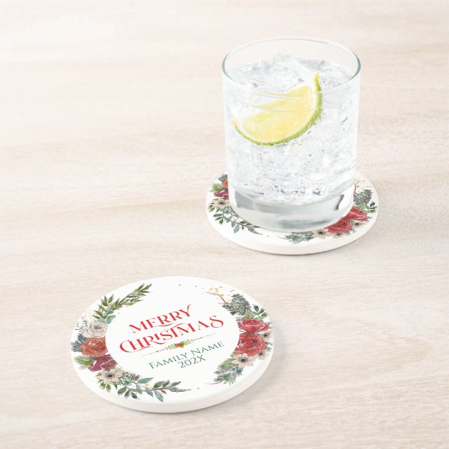 Merry Christmas Typography & Floral Wreath Coaster (Side)