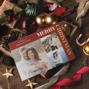 Merry Christmas Typography Gold on Red 3 Photos Foil Holiday Card