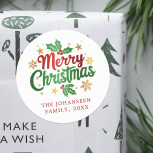 Merry Christmas Typography Holly Berry Family  Classic Round Sticker