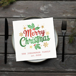 Merry Christmas Typography Holly Berry Snowflakes  Napkin
