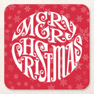 Merry Christmas Typography Joyful Greetings Square Paper Coaster