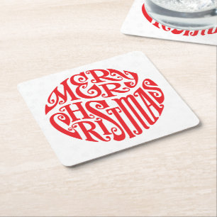 Merry Christmas Typography Joyful Greetings Square Paper Coaster