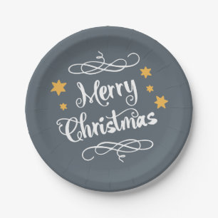 Merry Christmas Typography Light Slate Grey White Paper Plate