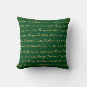 Merry Christmas Typography Noel Navidad Gold Green Cushion