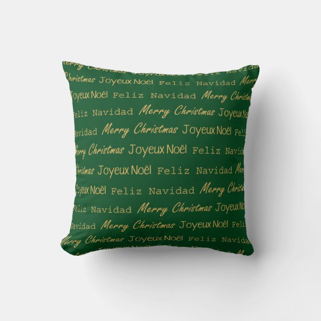 Merry Christmas Typography Noel Navidad Gold Green Cushion (Front)