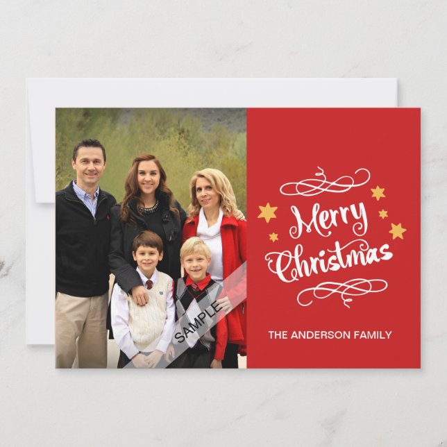 Merry Christmas Typography Personalised Photo Red Holiday Card (Front)