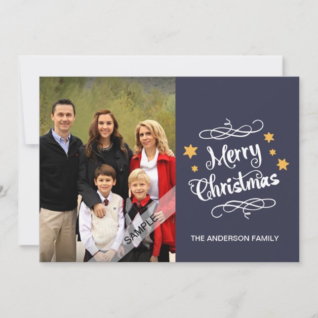 Merry Christmas Typography Personalised Photo Red Holiday Card (Front)