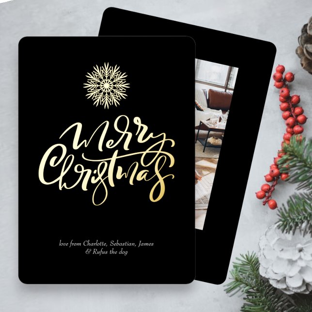 Merry Christmas Typography Photo Personalised Foil Holiday Card (Real foil Christmas cards with stunning typography, add your own photo and text, cards from Ricaso)