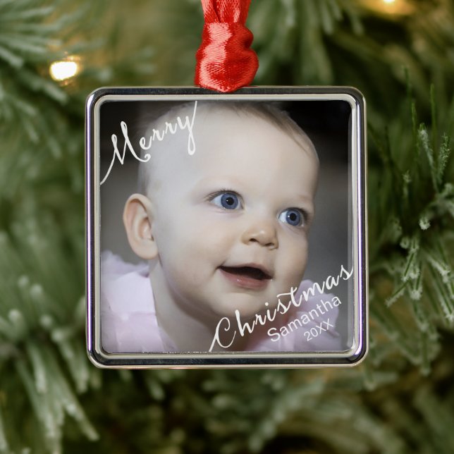 Merry Christmas Typography Photo & Year Custom Metal Tree Decoration (Tree)