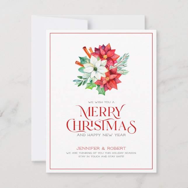 Merry Christmas typography & poinsettia bouquet Thank You Card (Front)