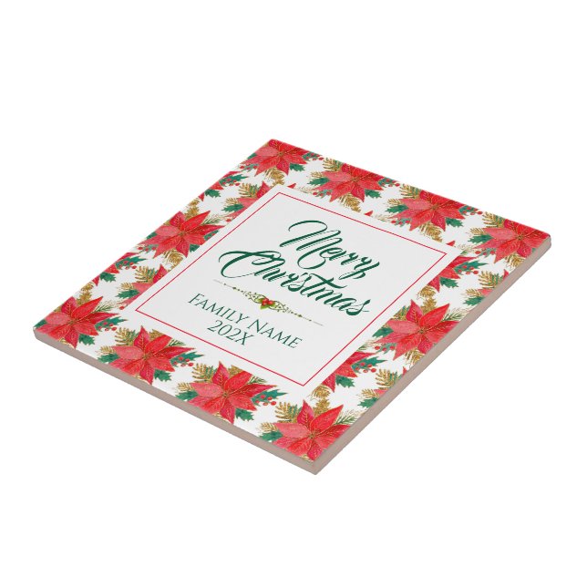 Merry Christmas Typography & Poinsettia Pattern Ceramic Tile (Side)