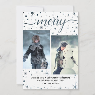 Merry Christmas Typography Purple + Teal 2-Photo Holiday Card