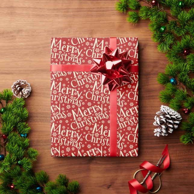 Merry Christmas Typography Red Cream Pattern Wrapping Paper (Holiday Gift)