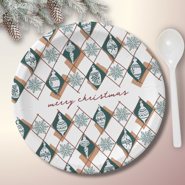 Merry Christmas Typography Red Green Snowflakes Paper Plate (Creator Uploaded)