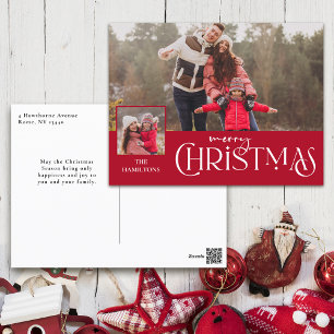 Merry Christmas Typography Red Two-Photo Holiday Postcard