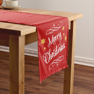 Merry Christmas Typography Red White Short Table Runner