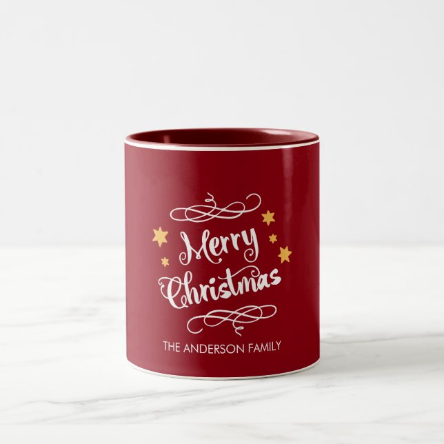 Merry Christmas Typography Red White Two-Tone Coffee Mug (Center)