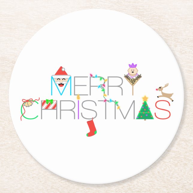 Merry Christmas Typography Round Paper Coaster (Front)