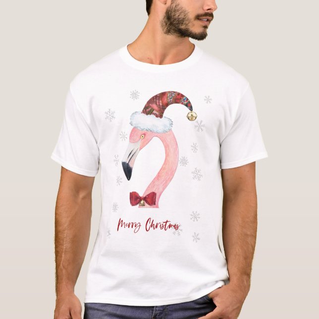 Merry Christmas Typography Santa Flamingo T-Shirt (Front)
