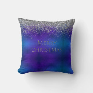 Merry Christmas Typography Silver Glitter Elegant Cushion