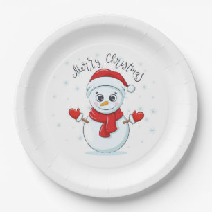 Merry Christmas Typography Snowman Holiday Festive Paper Plate