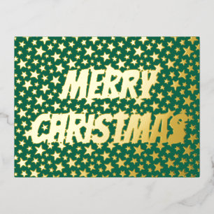Merry Christmas typography Stars green modern chic Foil Holiday Postcard