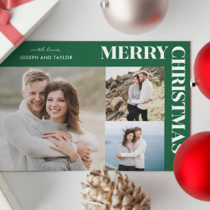 Merry Christmas Typography White on Green 3 Photos Holiday Card