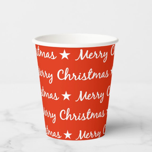 Merry Christmas Typography White Red Pattern Paper Cups (Front)