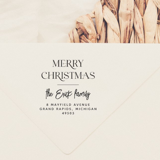 Merry Christmas Typography with Name & Address Rubber Stamp (Creator Uploaded)