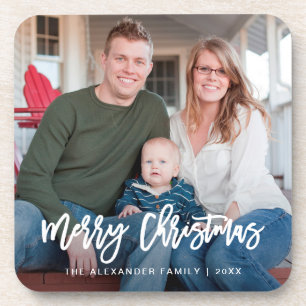 Merry Christmas Typography with Photo Holiday Coaster