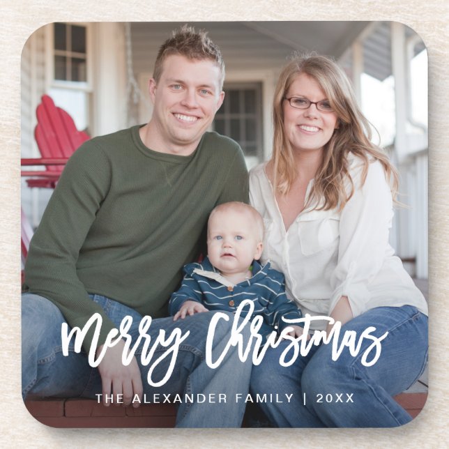 Merry Christmas Typography with Photo Holiday Coaster (Front)