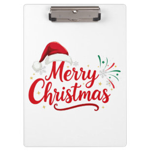 Merry Christmas Typography with Santa Hat and Snow Clipboard