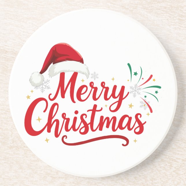 Merry Christmas Typography with Santa Hat and Snow Coaster (Front)
