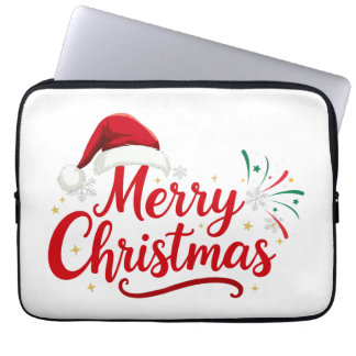Merry Christmas Typography with Santa Hat and Snow Laptop Sleeve